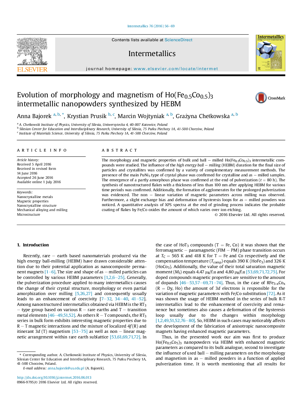 Evolution of morphology and magnetism of Ho(Fe0.5Co0.5)3 intermetallic nanopowders synthesized by HEBM