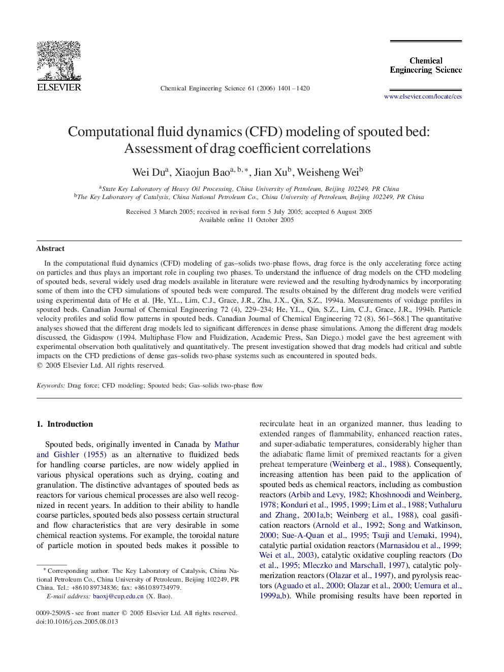 Computational fluid dynamics (CFD) modeling of spouted bed: Assessment of drag coefficient correlations