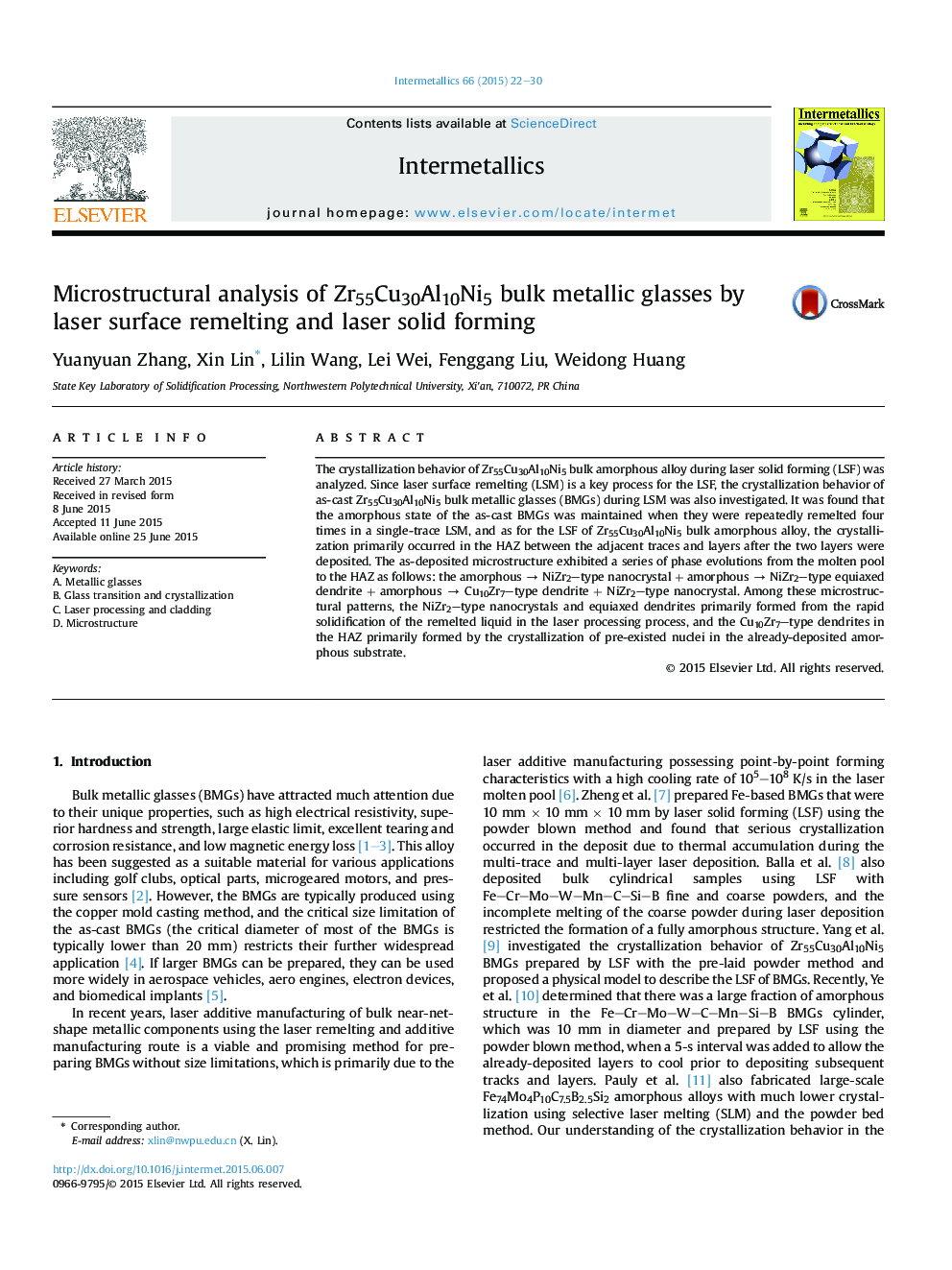 Microstructural analysis of Zr55Cu30Al10Ni5 bulk metallic glasses by laser surface remelting and laser solid forming