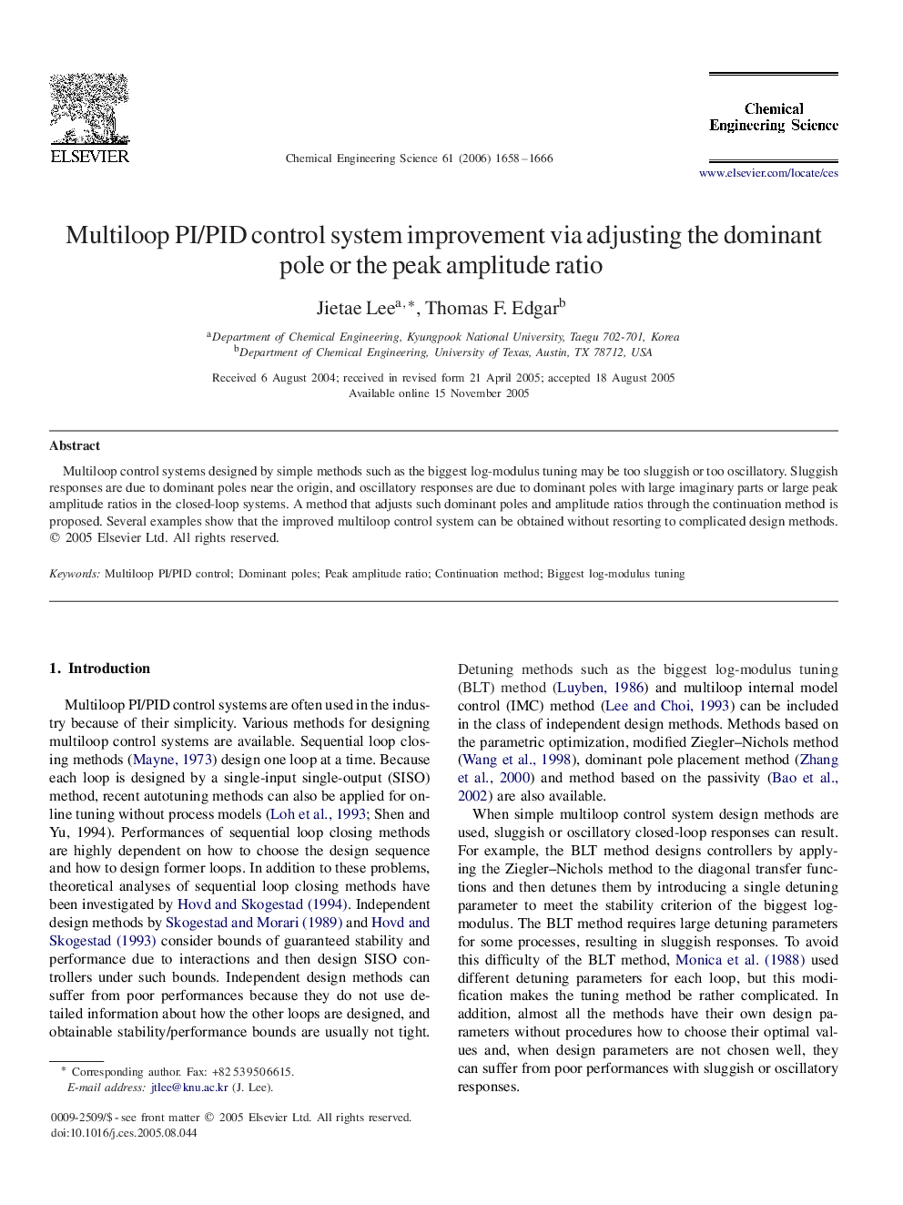 عکس صفحه اول مقاله: Multiloop PI/PID control system improvement via adjusting the dominant pole or the peak amplitude ratio Multiloop PI/PID control system improvement via adjusting the dominant pole or the peak amplitude ratio