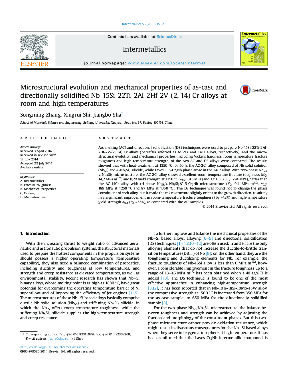 Microstructural evolution and mechanical properties of as-cast and directionally-solidified Nb-15Si-22Ti-2Al-2Hf-2V-(2, 14) Cr alloys at room and high temperatures