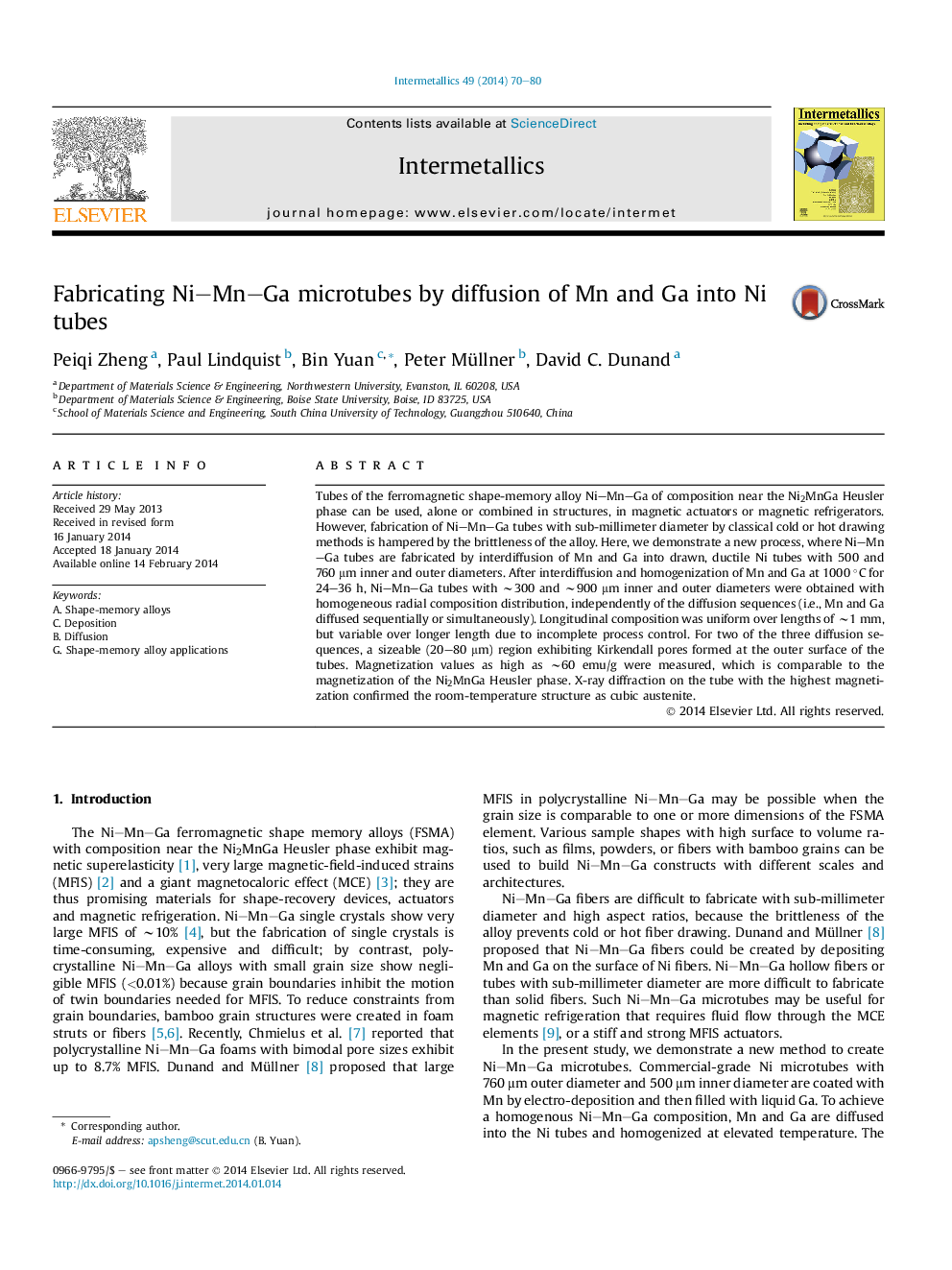 Fabricating Ni–Mn–Ga microtubes by diffusion of Mn and Ga into Ni tubes