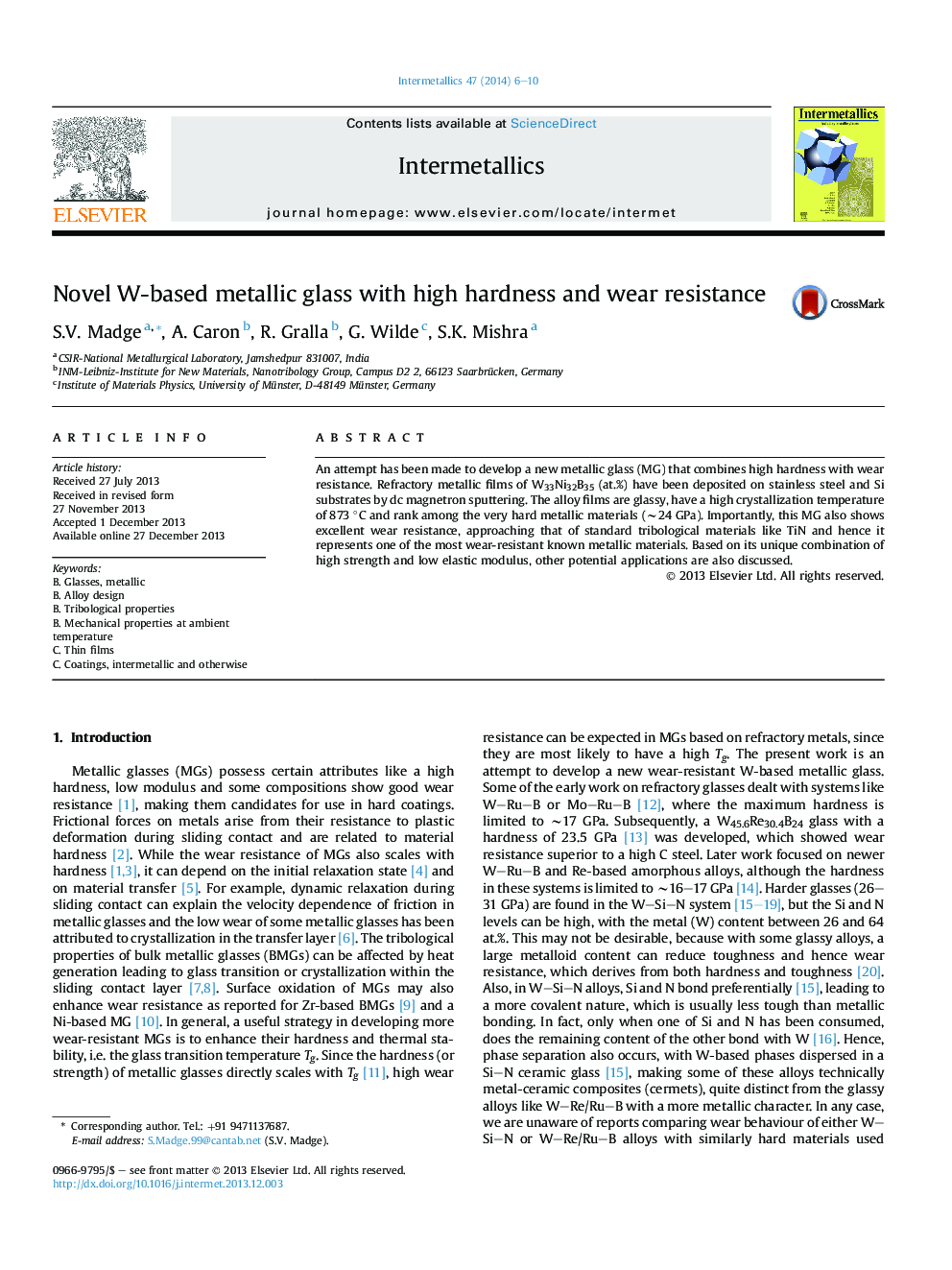 Novel W-based metallic glass with high hardness and wear resistance