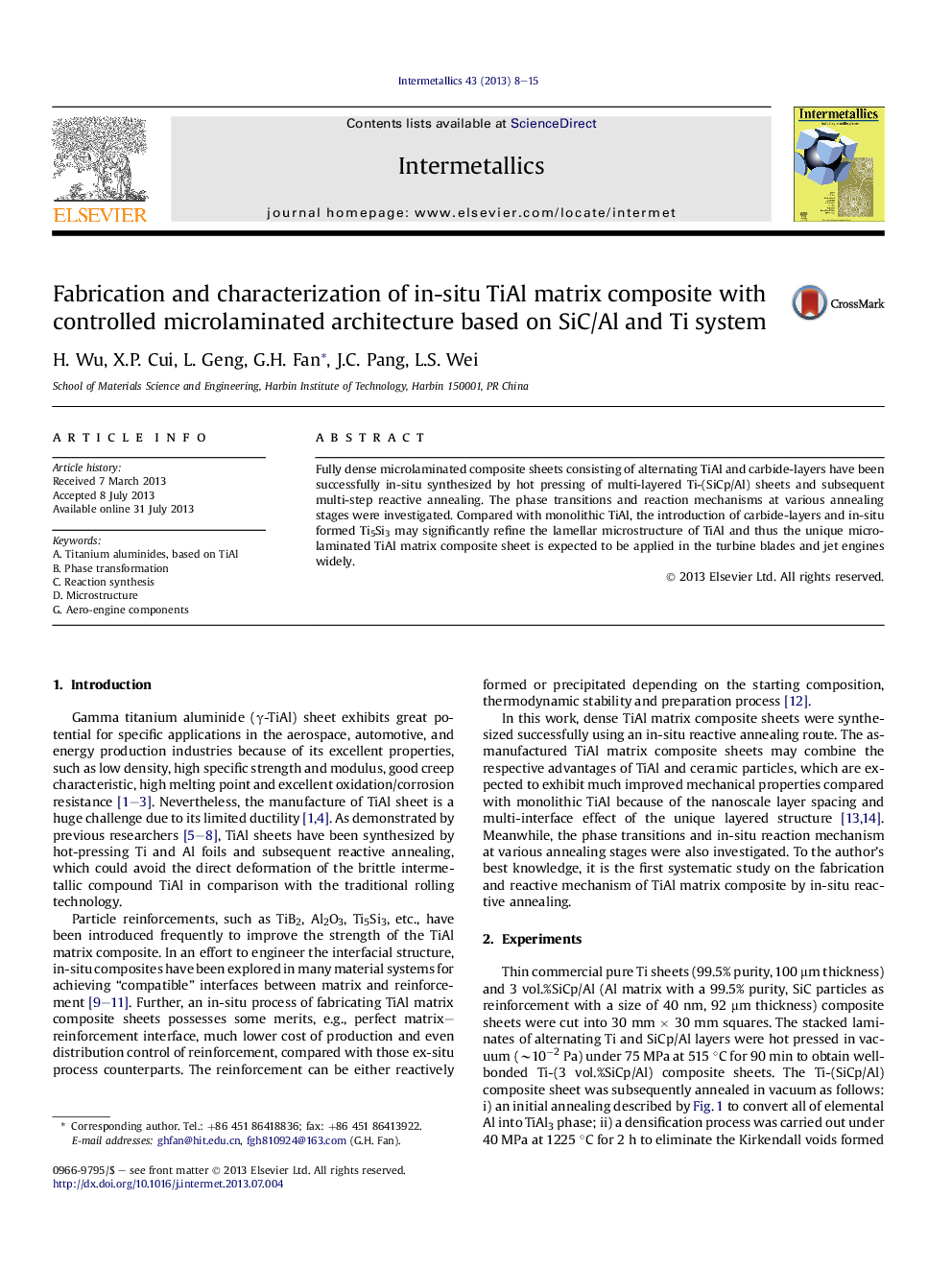 Fabrication and characterization of in-situ TiAl matrix composite with controlled microlaminated architecture based on SiC/Al and Ti system