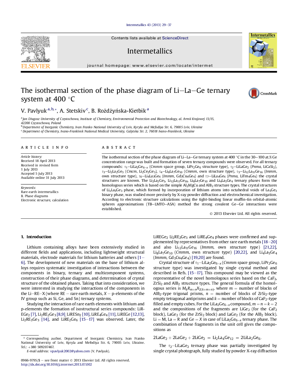 The isothermal section of the phase diagram of Li–La–Ge ternary system at 400 °C