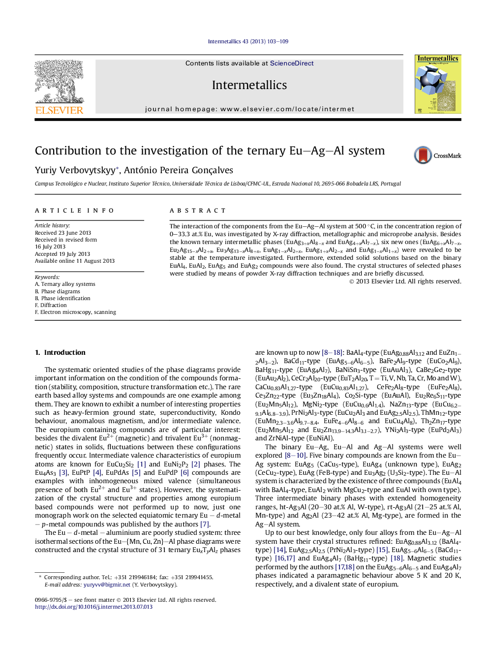 عکس صفحه اول مقاله: Contribution to the investigation of the ternary Eu–Ag–Al system Contribution to the investigation of the ternary Eu–Ag–Al system
