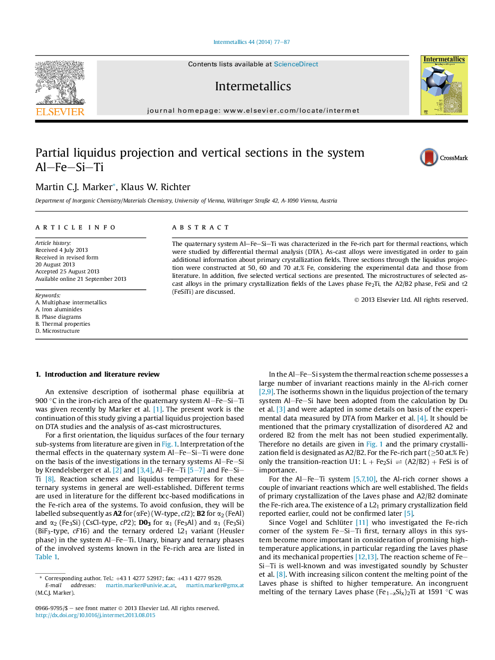 Partial liquidus projection and vertical sections in the system Al–Fe–Si–Ti