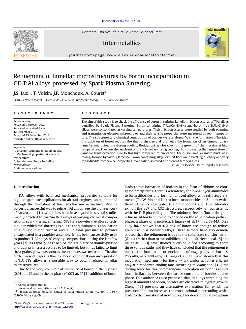 Refinement of lamellar microstructures by boron incorporation in GE-TiAl alloys processed by Spark Plasma Sintering