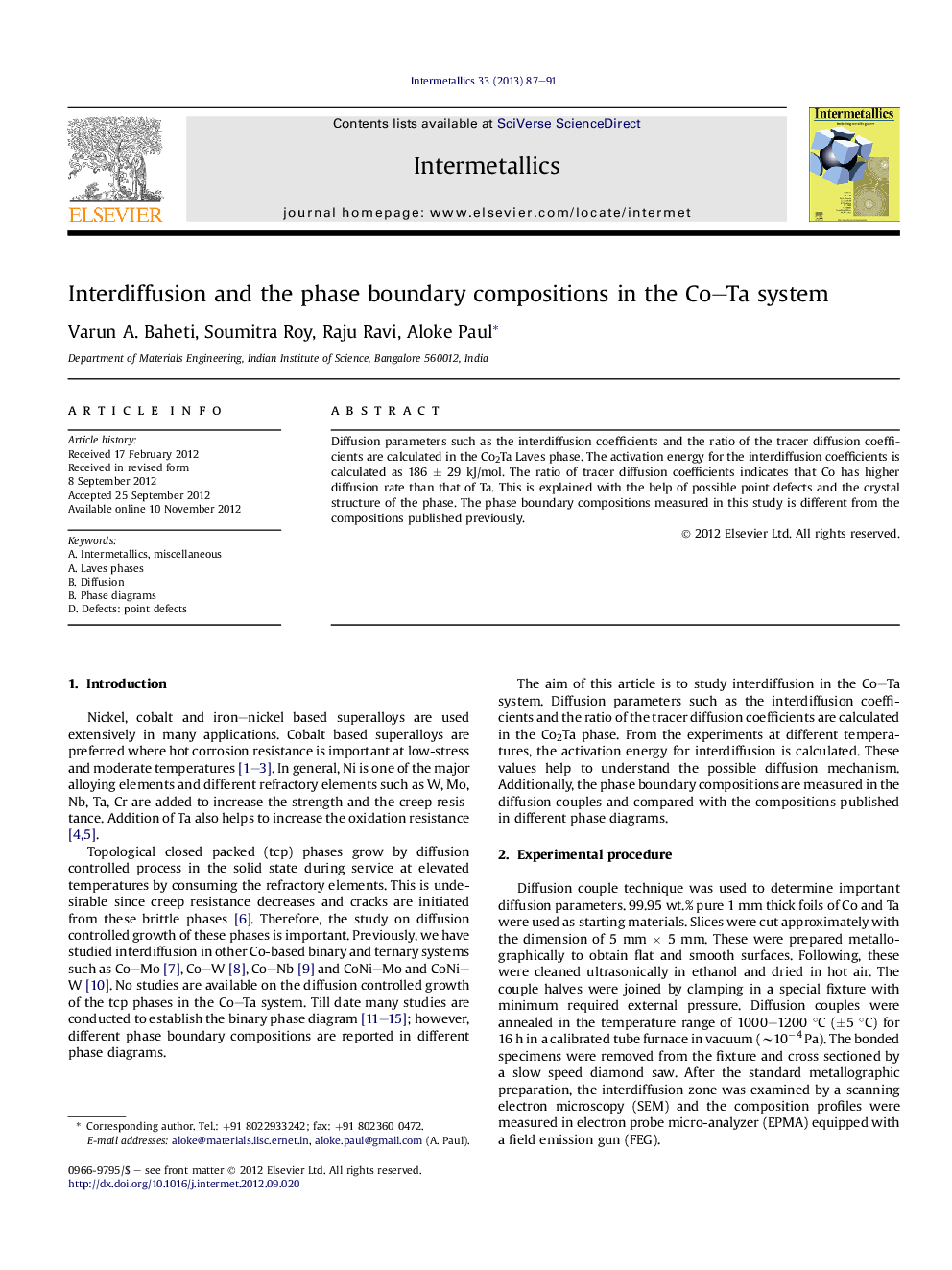 Interdiffusion and the phase boundary compositions in the Co–Ta system