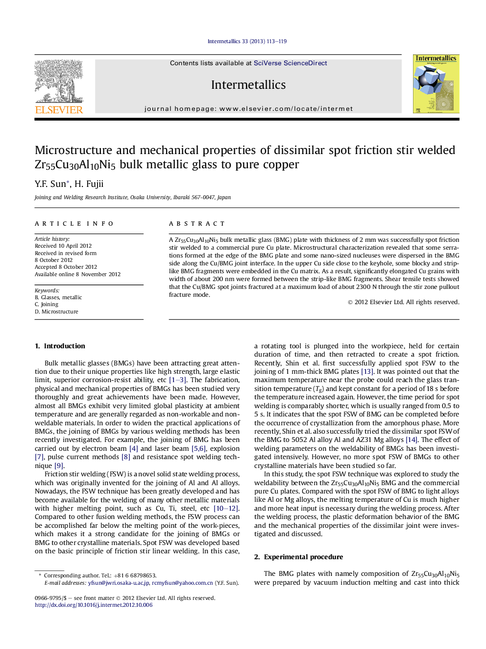 Microstructure and mechanical properties of dissimilar spot friction stir welded Zr55Cu30Al10Ni5 bulk metallic glass to pure copper