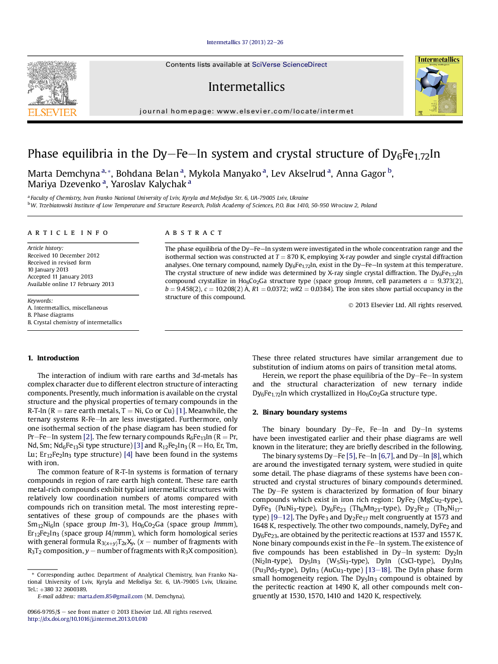 Phase equilibria in the Dy–Fe–In system and crystal structure of Dy6Fe1.72In