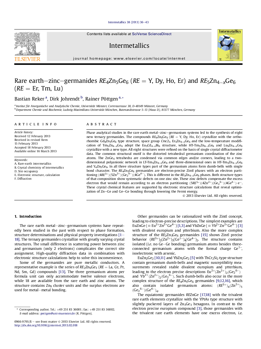 Rare earth–zinc–germanides RE4Zn5Ge6 (RE = Y, Dy, Ho, Er) and RE5Zn4−xGe6 (RE = Er, Tm, Lu)