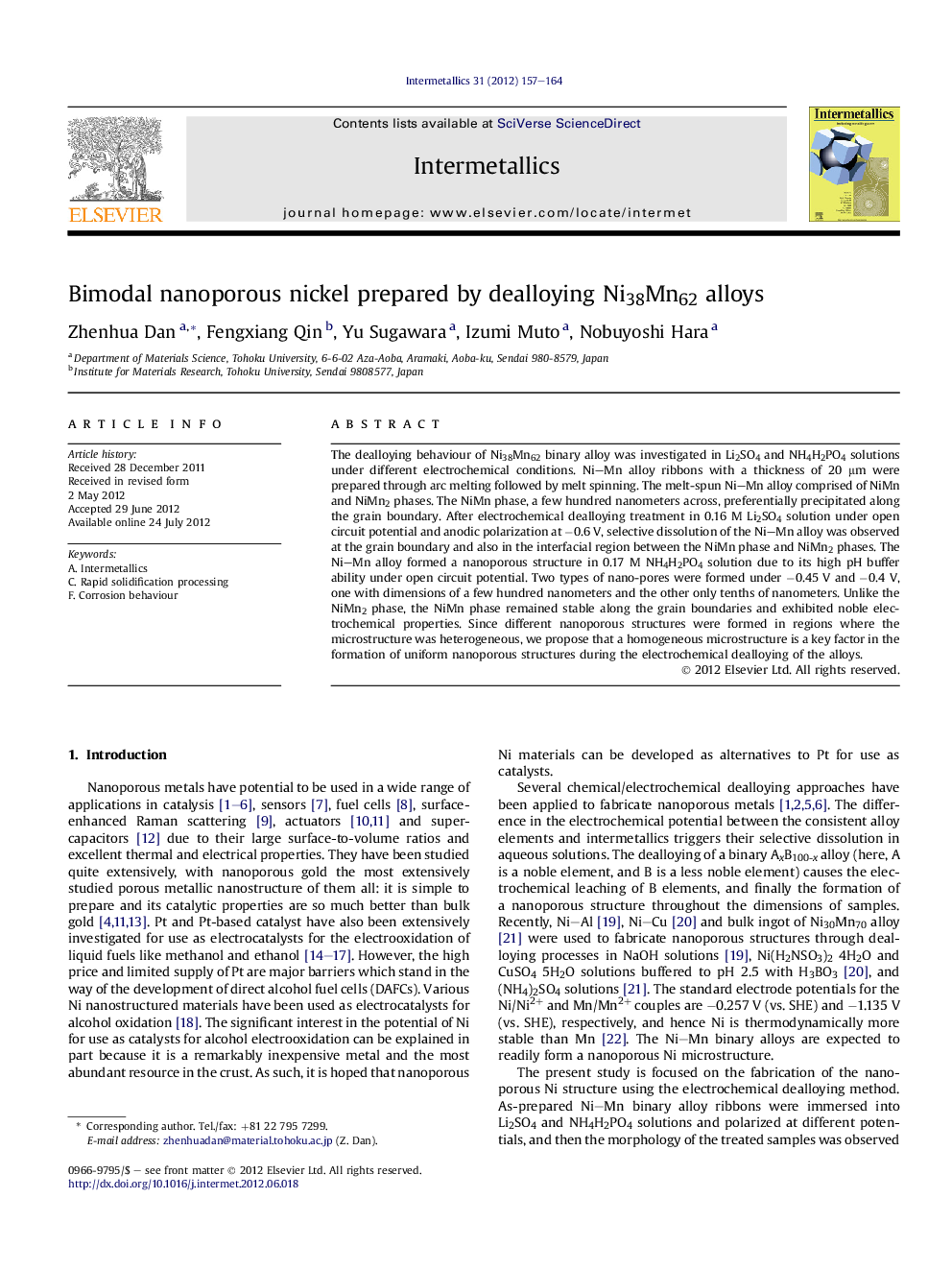 Bimodal nanoporous nickel prepared by dealloying Ni38Mn62 alloys