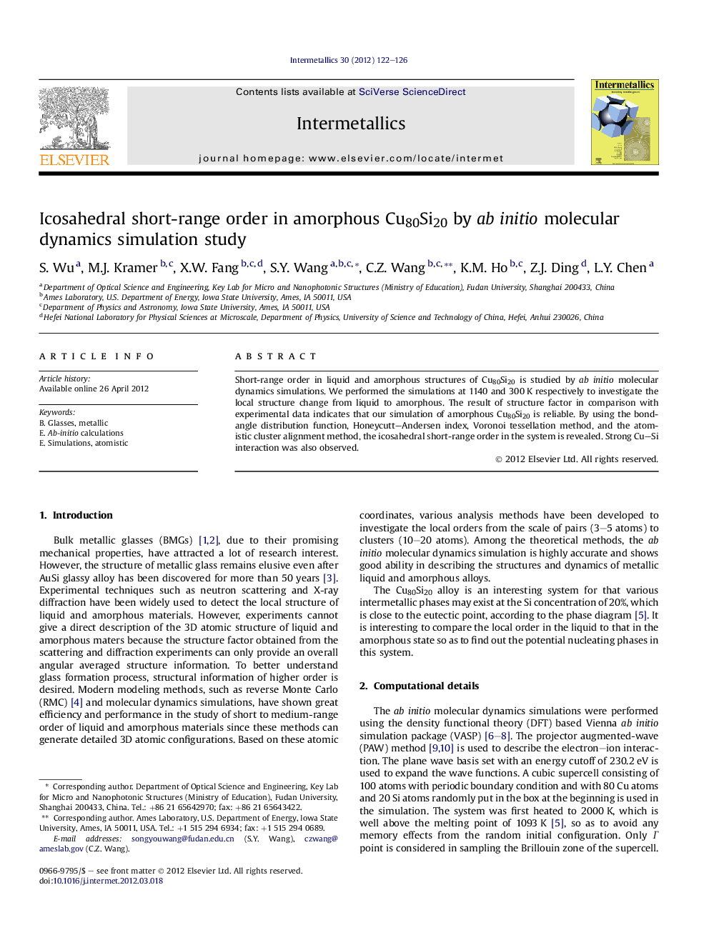 Icosahedral short-range order in amorphous Cu80Si20 by ab initio molecular dynamics simulation study