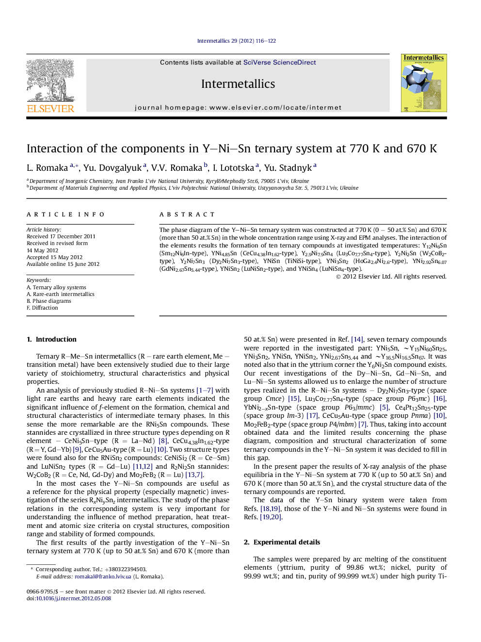 Interaction of the components in Y–Ni–Sn ternary system at 770 K and 670 K