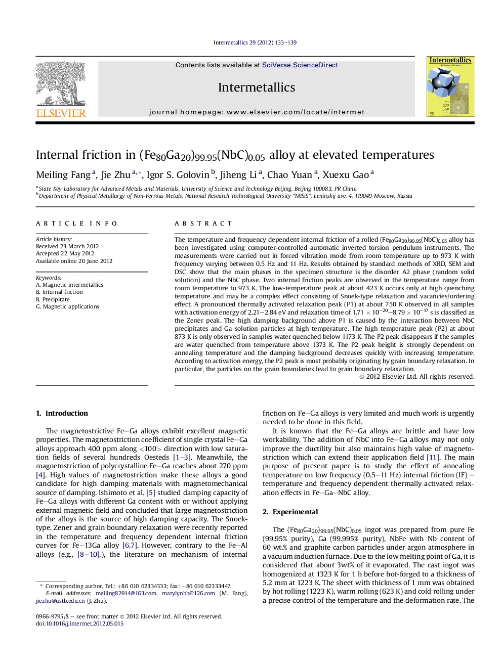 Internal friction in (Fe80Ga20)99.95(NbC)0.05 alloy at elevated temperatures