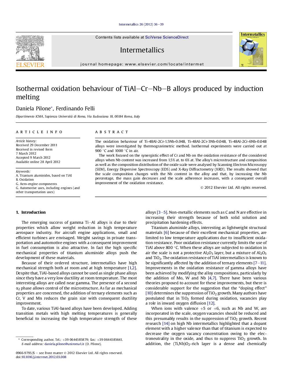 Isothermal oxidation behaviour of TiAl–Cr–Nb–B alloys produced by induction melting