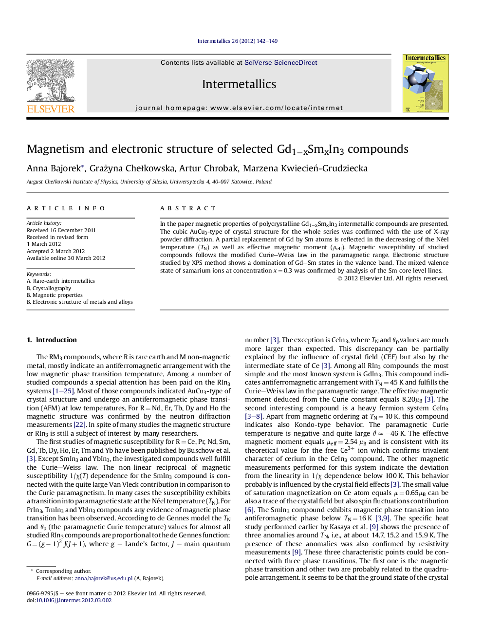 Magnetism and electronic structure of selected Gd1âxSmxIn3 compounds