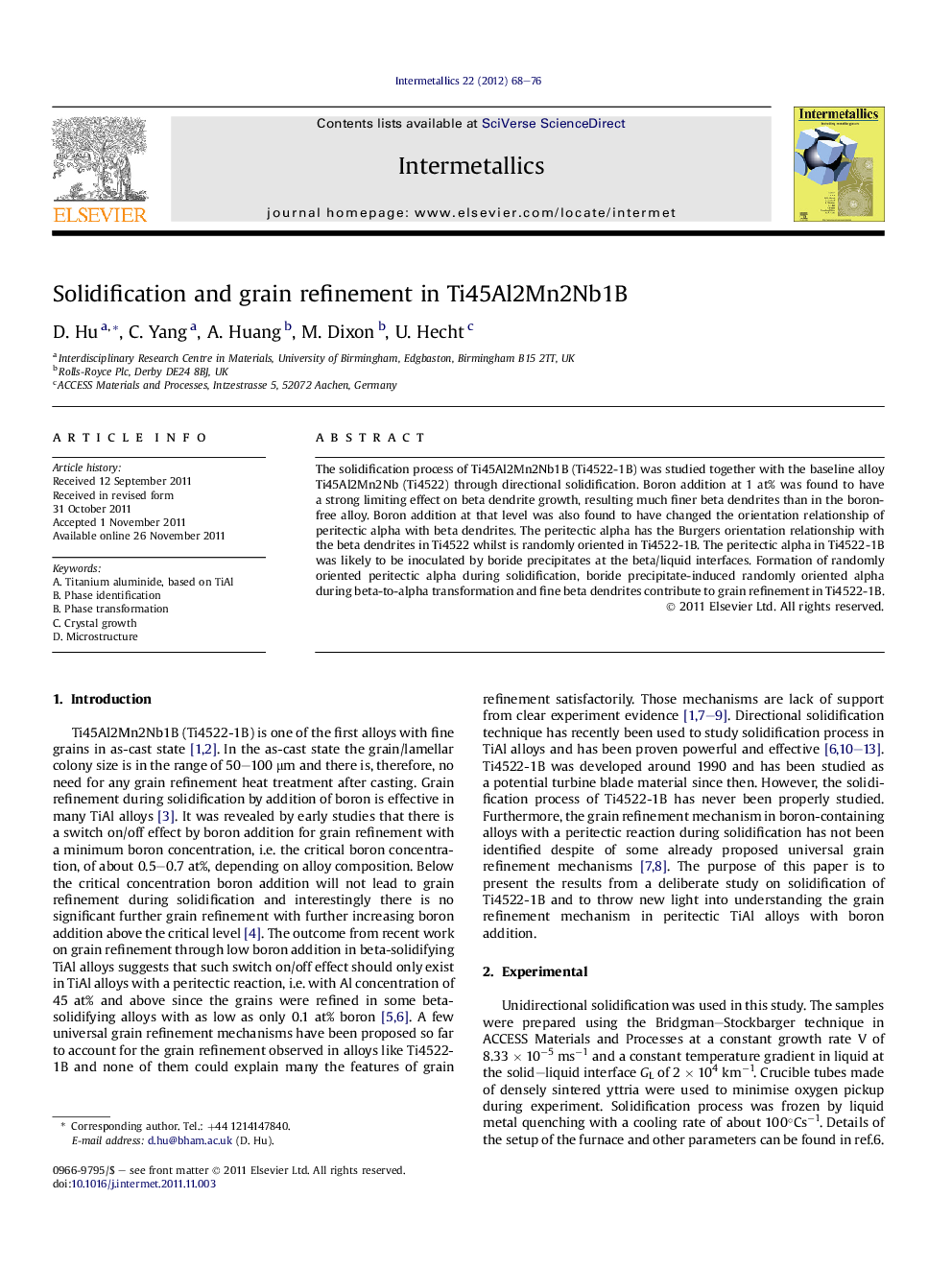 Solidification and grain refinement in Ti45Al2Mn2Nb1B