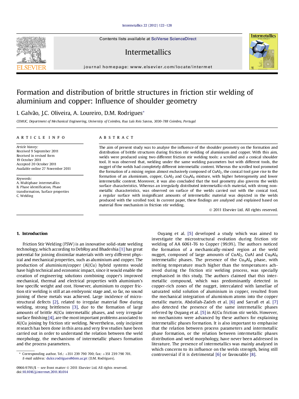 عکس صفحه اول مقاله: Formation and distribution of brittle structures in friction stir welding of aluminium and copper: Influence of shoulder geometry Formation and distribution of brittle structures in friction stir welding of aluminium and copper: Influence of shoulder geometry