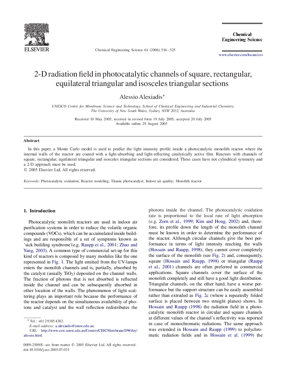 2-D radiation field in photocatalytic channels of square, rectangular, equilateral triangular and isosceles triangular sections