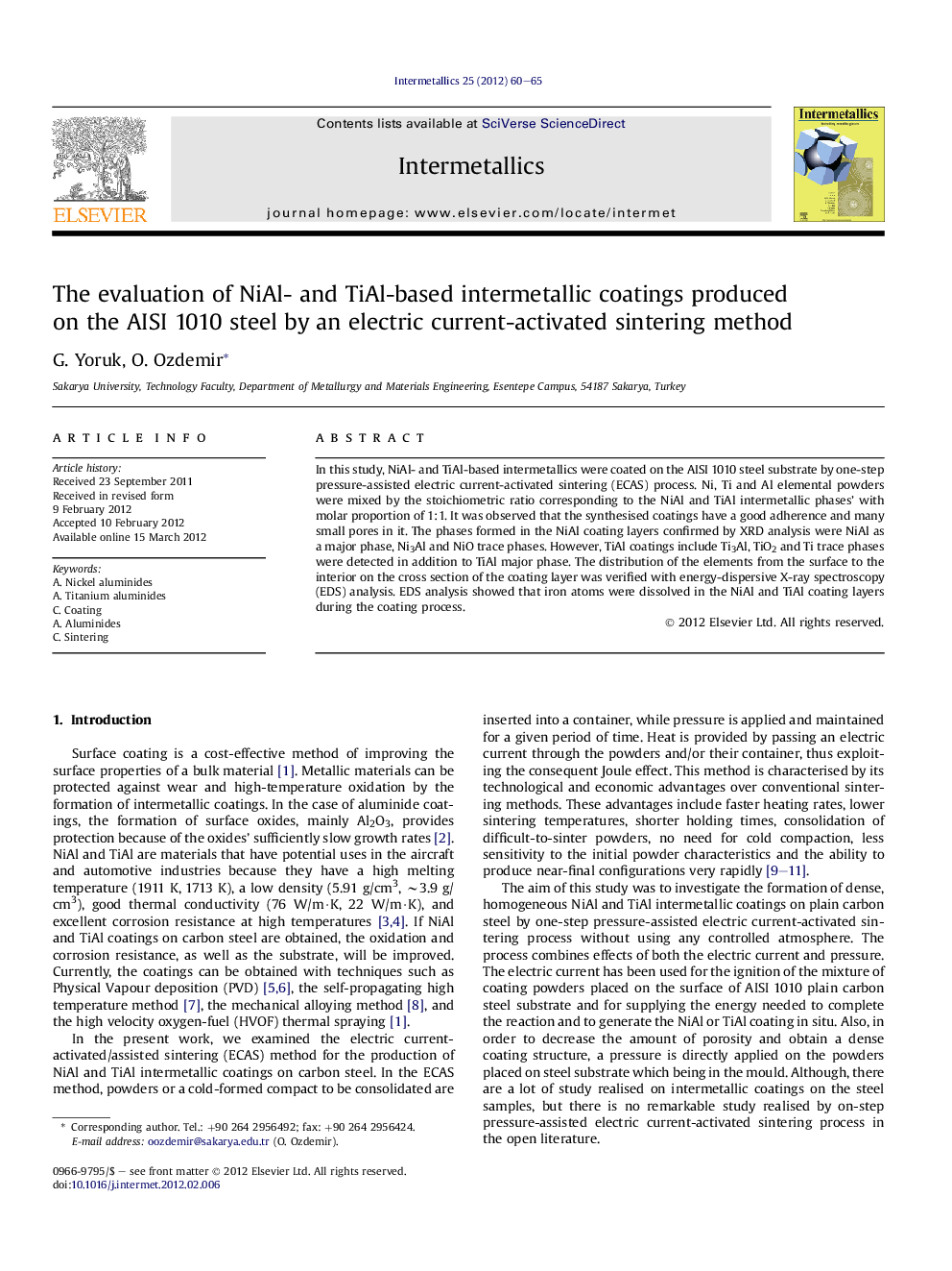 The evaluation of NiAl- and TiAl-based intermetallic coatings produced on the AISI 1010 steel by an electric current-activated sintering method