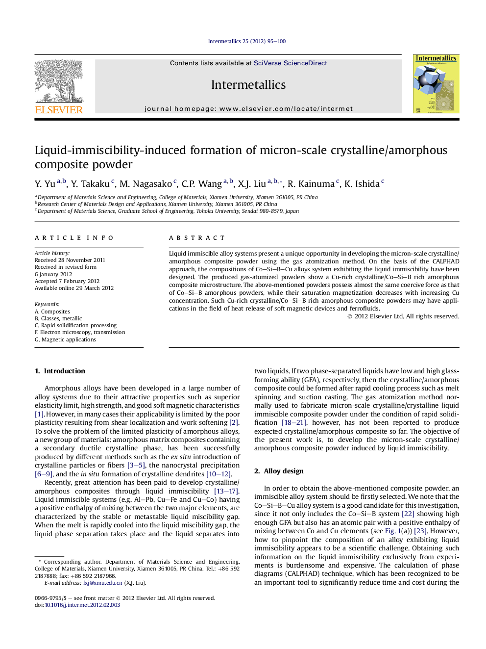 Liquid-immiscibility-induced formation of micron-scale crystalline/amorphous composite powder