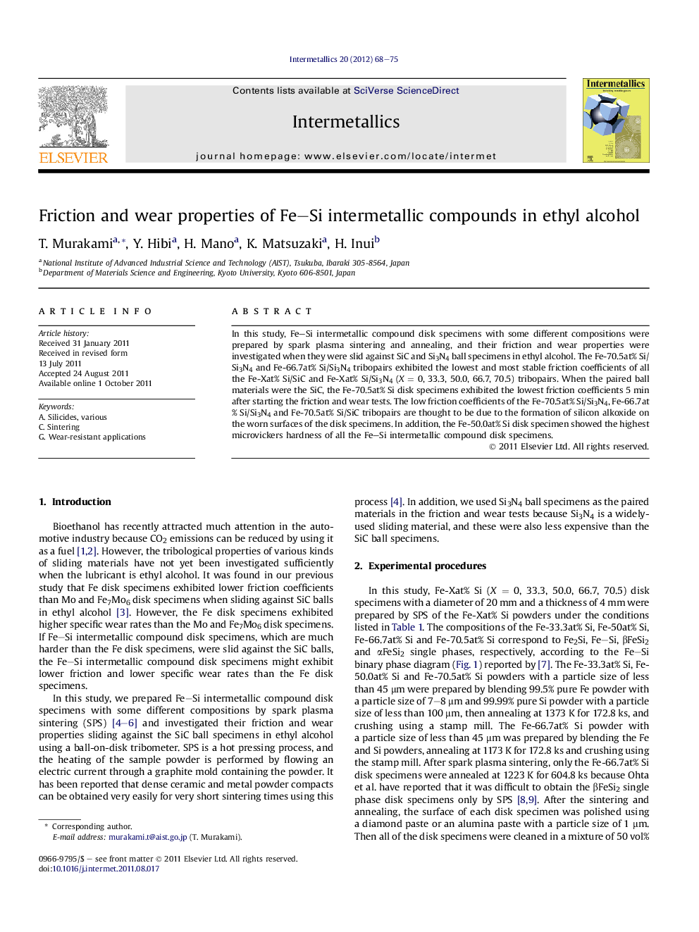 Friction and wear properties of Fe-Si intermetallic compounds in ethyl alcohol