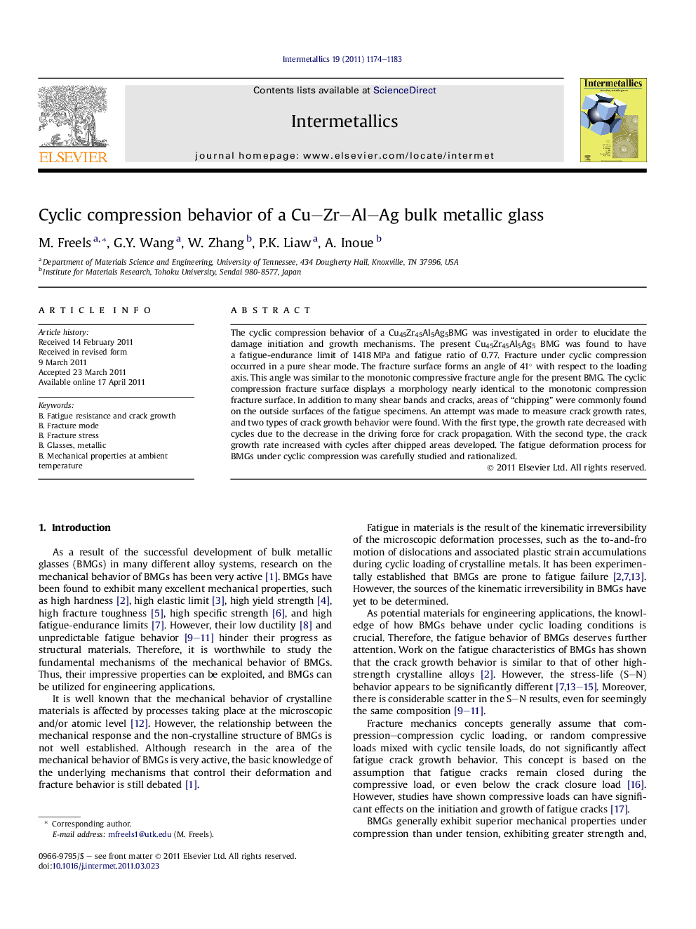 Cyclic compression behavior of a Cu–Zr–Al–Ag bulk metallic glass