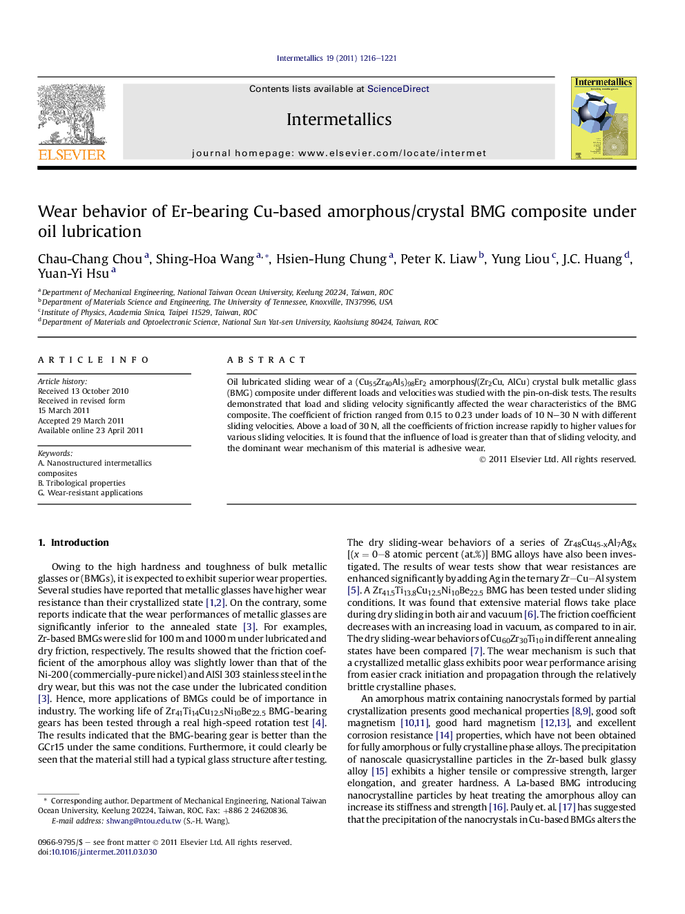 Wear behavior of Er-bearing Cu-based amorphous/crystal BMG composite under oil lubrication