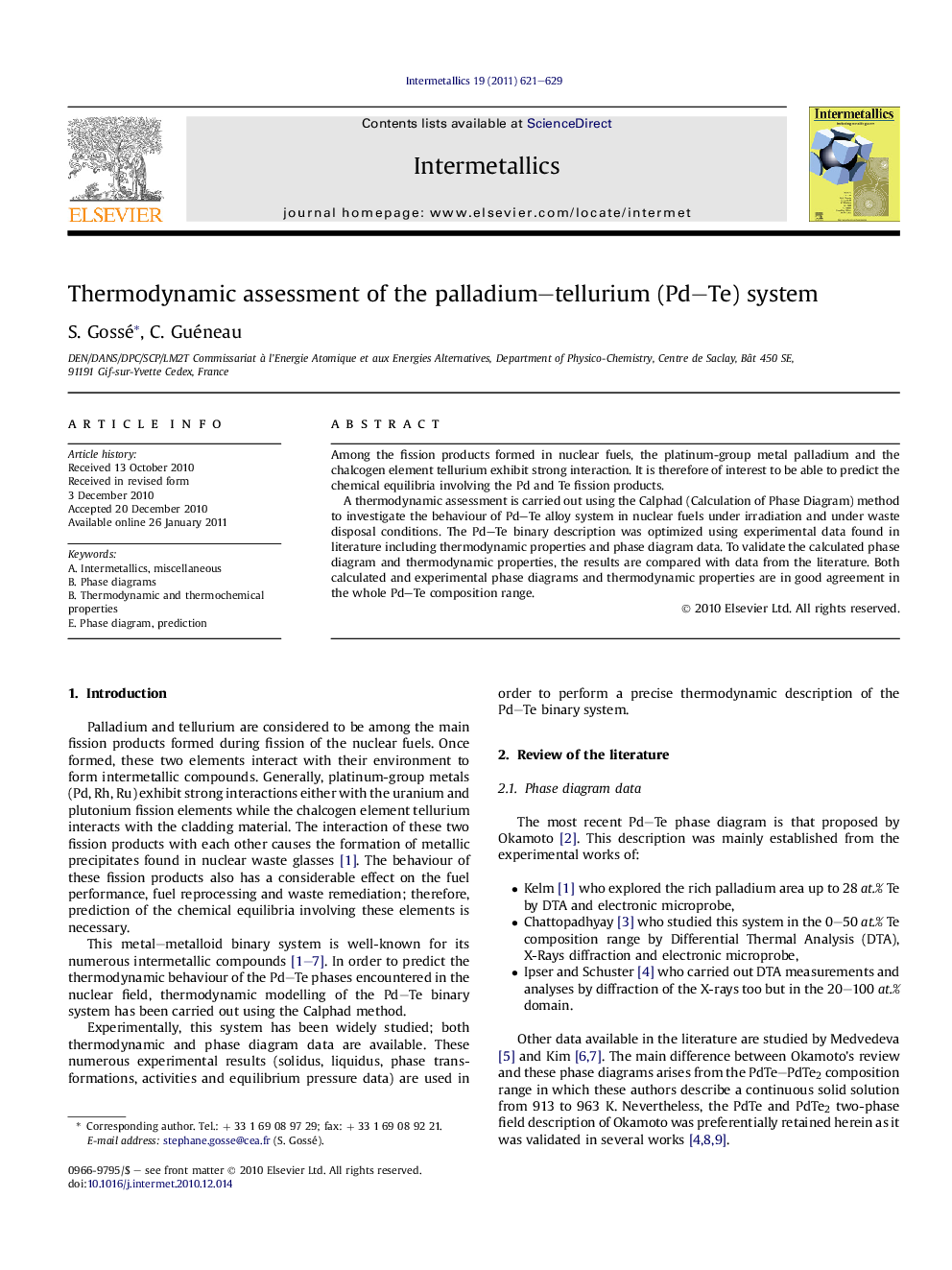 Thermodynamic assessment of the palladium–tellurium (Pd–Te) system