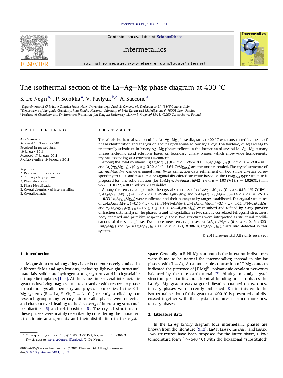 The isothermal section of the La–Ag–Mg phase diagram at 400 °C