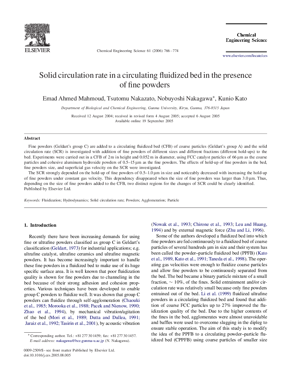 عکس صفحه اول مقاله: Solid circulation rate in a circulating fluidized bed in the presence of fine powders Solid circulation rate in a circulating fluidized bed in the presence of fine powders