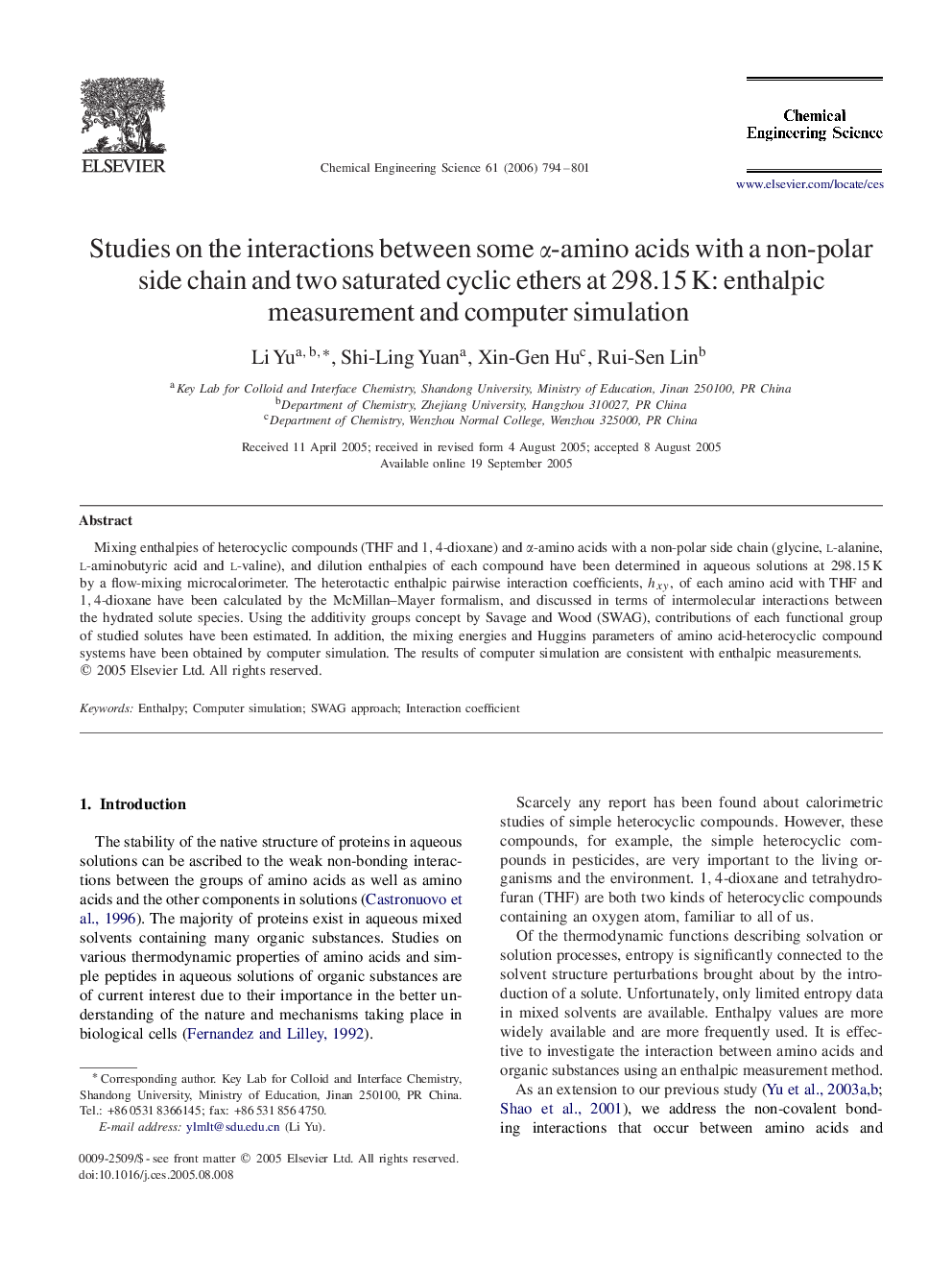 Studies on the interactions between some αα-amino acids with a non-polar side chain and two saturated cyclic ethers at 298.15 K: enthalpic measurement and computer simulation