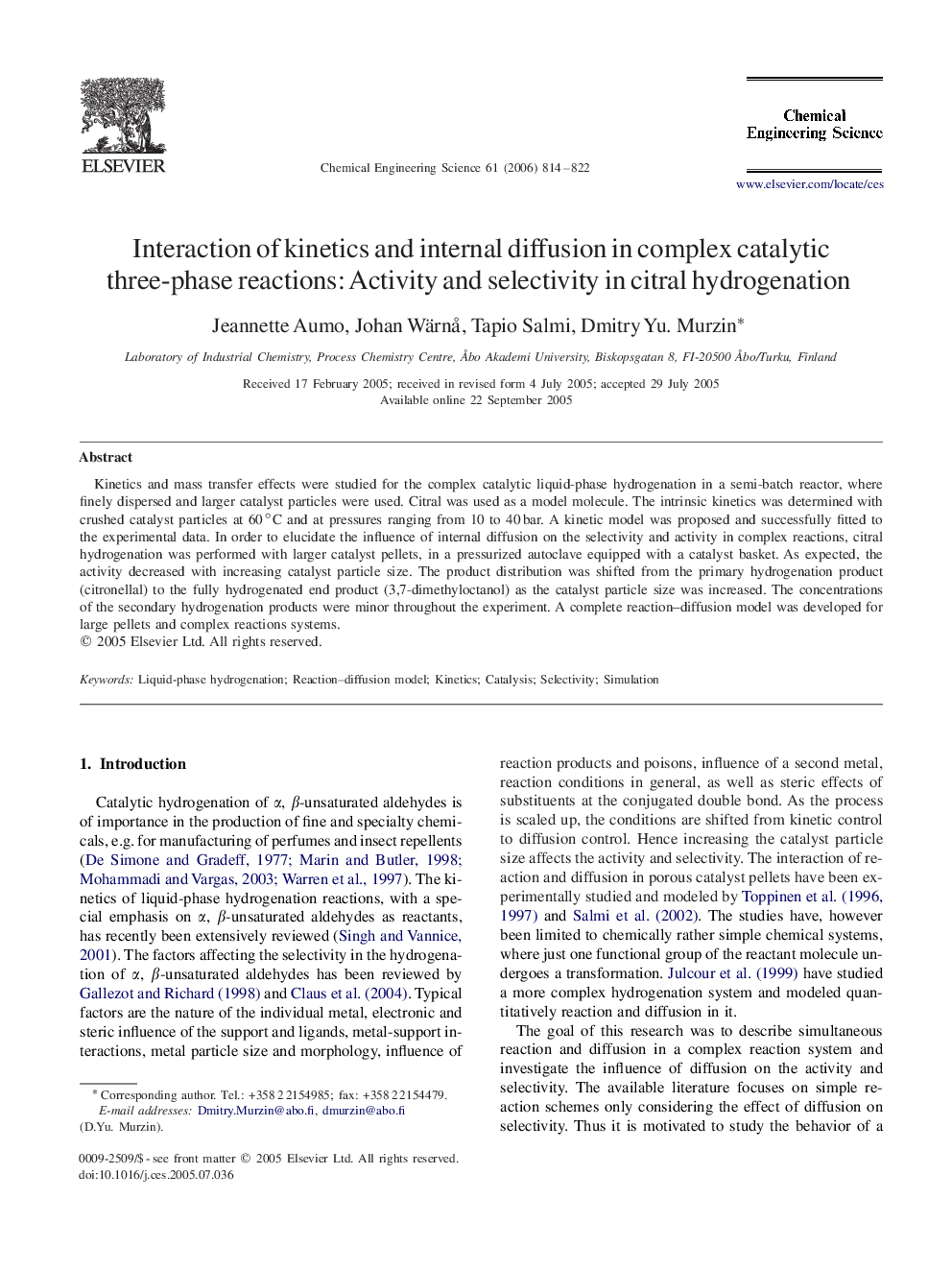 Interaction of kinetics and internal diffusion in complex catalytic three-phase reactions: Activity and selectivity in citral hydrogenation