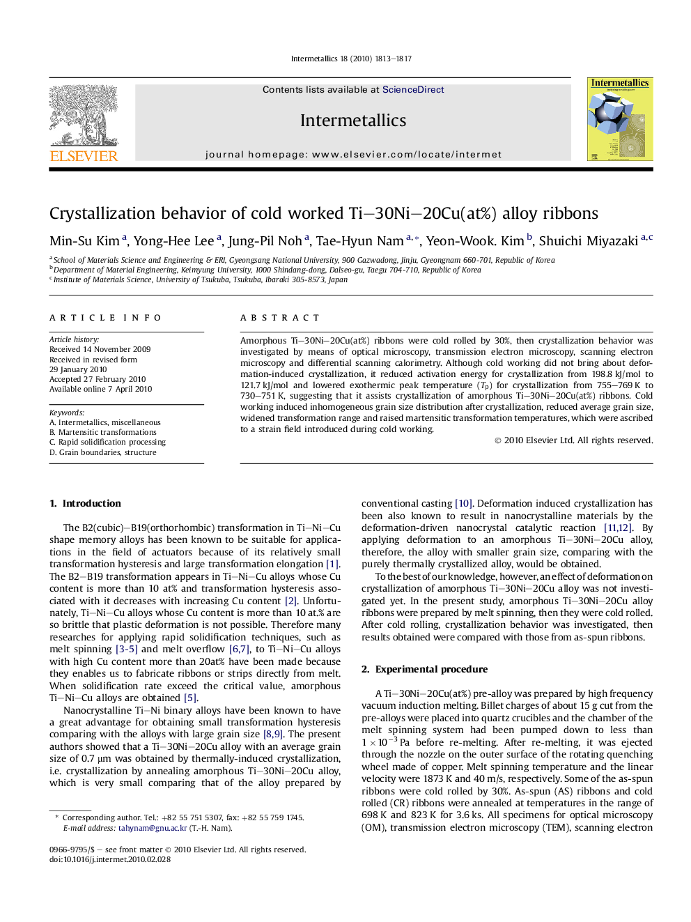 Crystallization behavior of cold worked Ti–30Ni–20Cu(at%) alloy ribbons