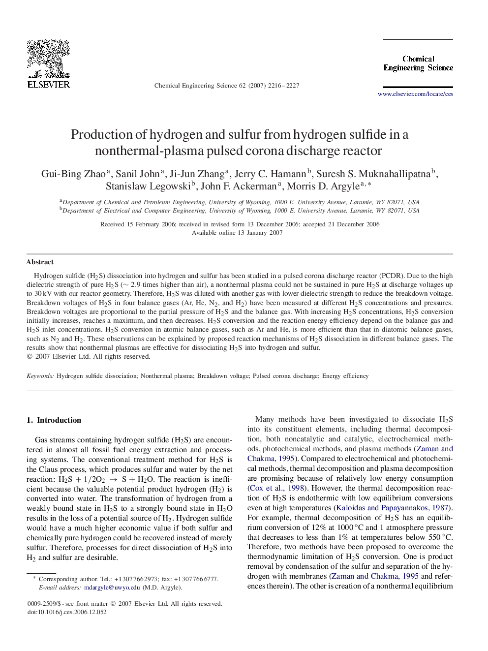 Production of hydrogen and sulfur from hydrogen sulfide in a nonthermal-plasma pulsed corona discharge reactor