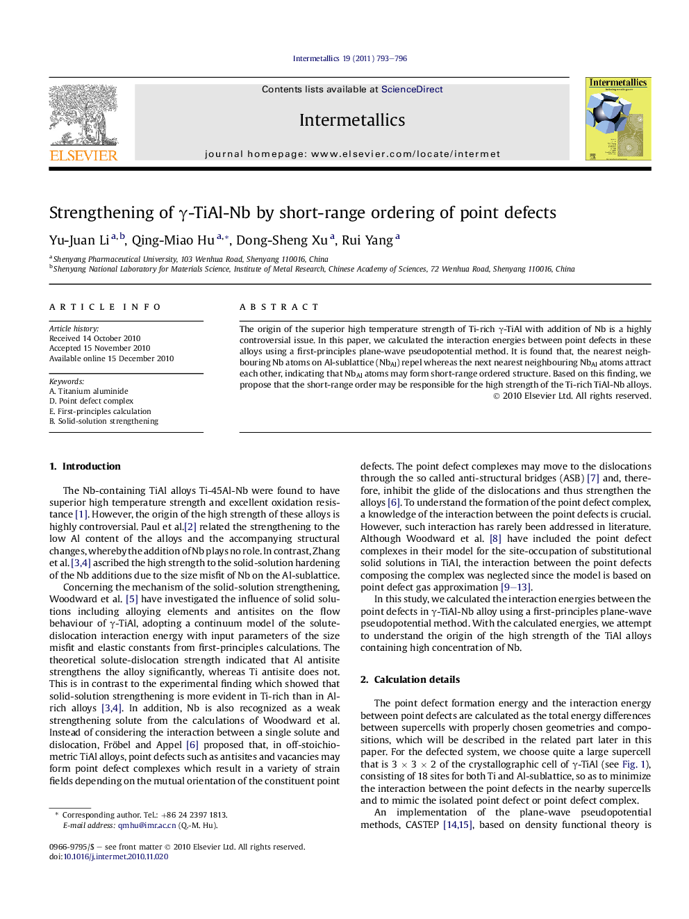 Strengthening of γ-TiAl-Nb by short-range ordering of point defects