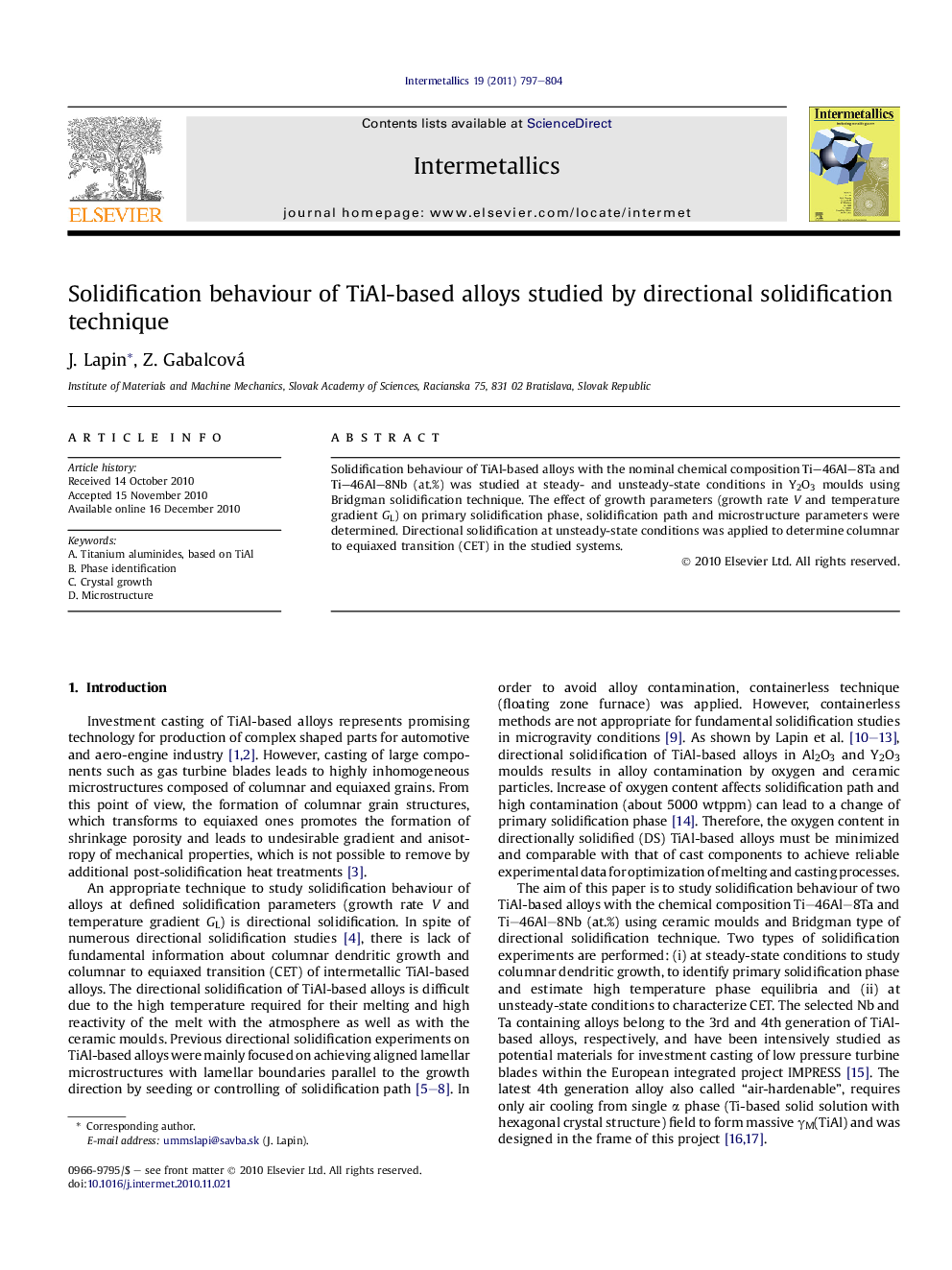 Solidification behaviour of TiAl-based alloys studied by directional solidification technique