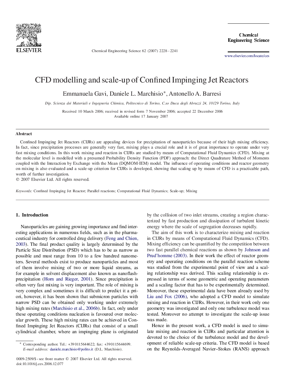 CFD modelling and scale-up of Confined Impinging Jet Reactors