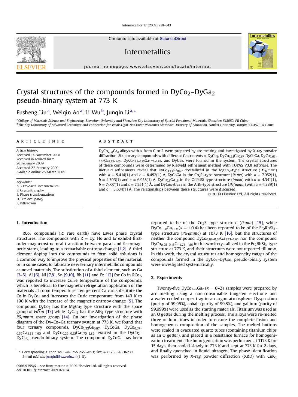 Crystal structures of the compounds formed in DyCo2-DyGa2 pseudo-binary system at 773Â K