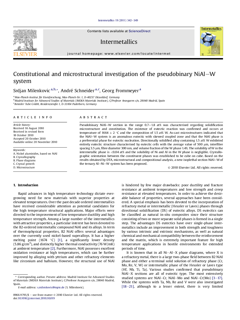 Constitutional and microstructural investigation of the pseudobinary NiAl–W system