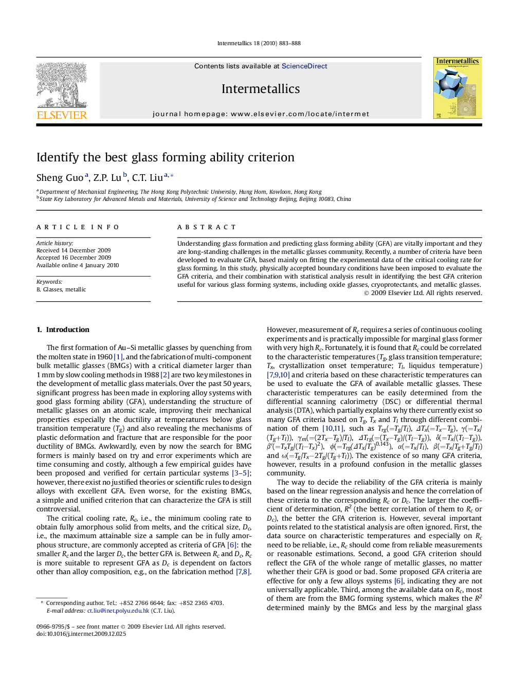 Identify the best glass forming ability criterion
