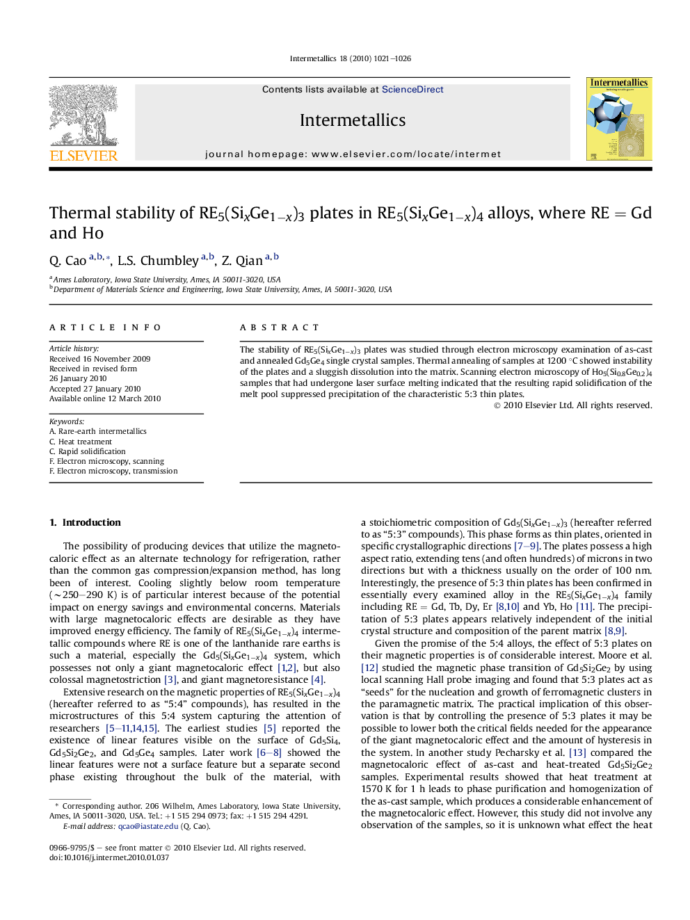 Thermal stability of RE5(SixGe1âx)3 plates in RE5(SixGe1âx)4 alloys, where REÂ =Â Gd and Ho