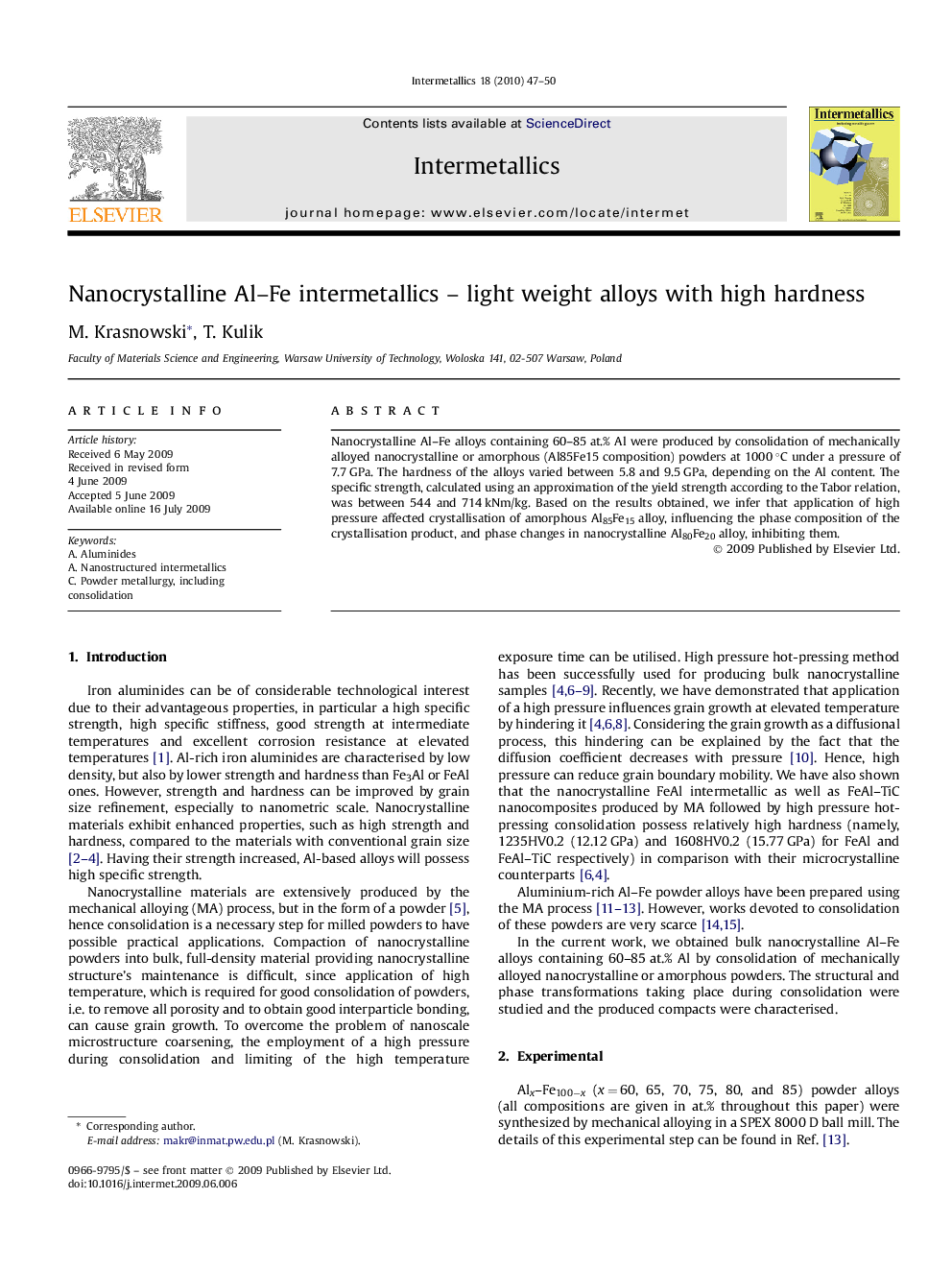 Nanocrystalline Al–Fe intermetallics – light weight alloys with high hardness