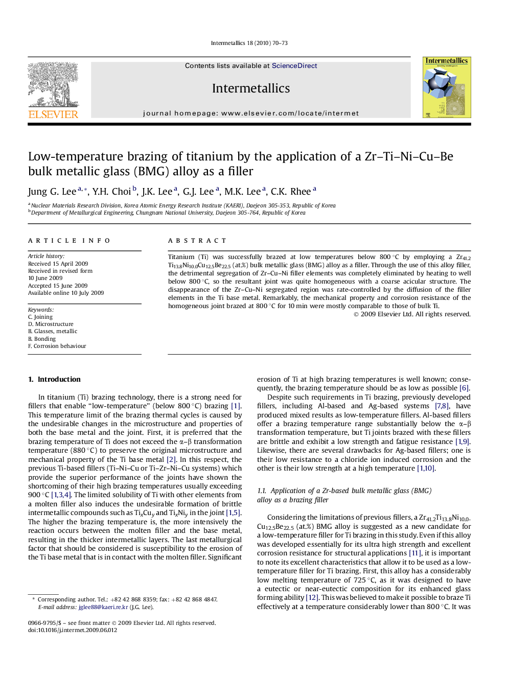 Low-temperature brazing of titanium by the application of a Zr-Ti-Ni-Cu-Bebulk metallic glass (BMG) alloy as a filler