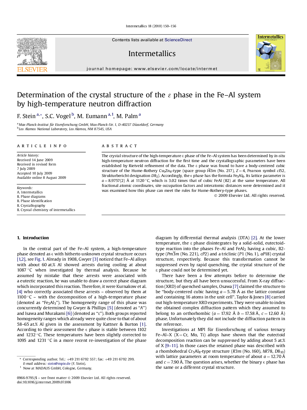 Determination of the crystal structure of the ɛ phase in the Fe–Al system by high-temperature neutron diffraction