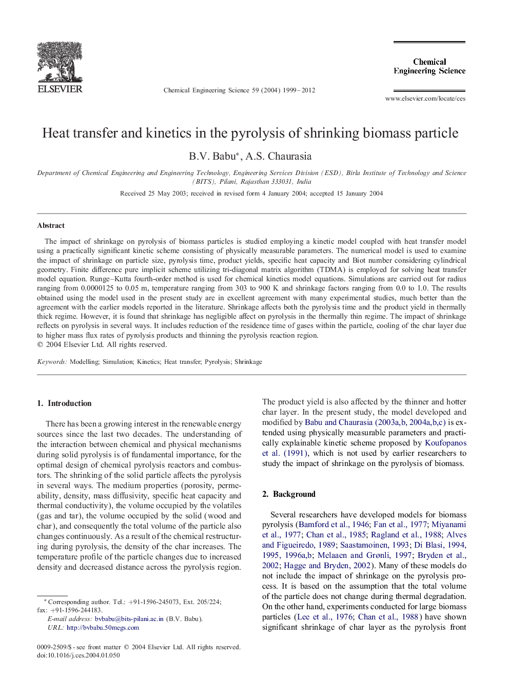 Heat transfer and kinetics in the pyrolysis of shrinking biomass particle