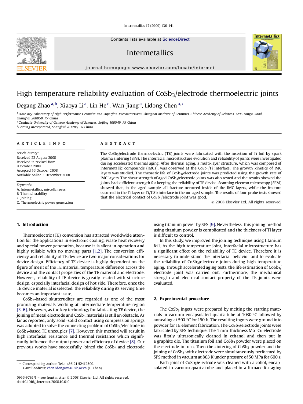 High temperature reliability evaluation of CoSb3/electrode thermoelectric joints