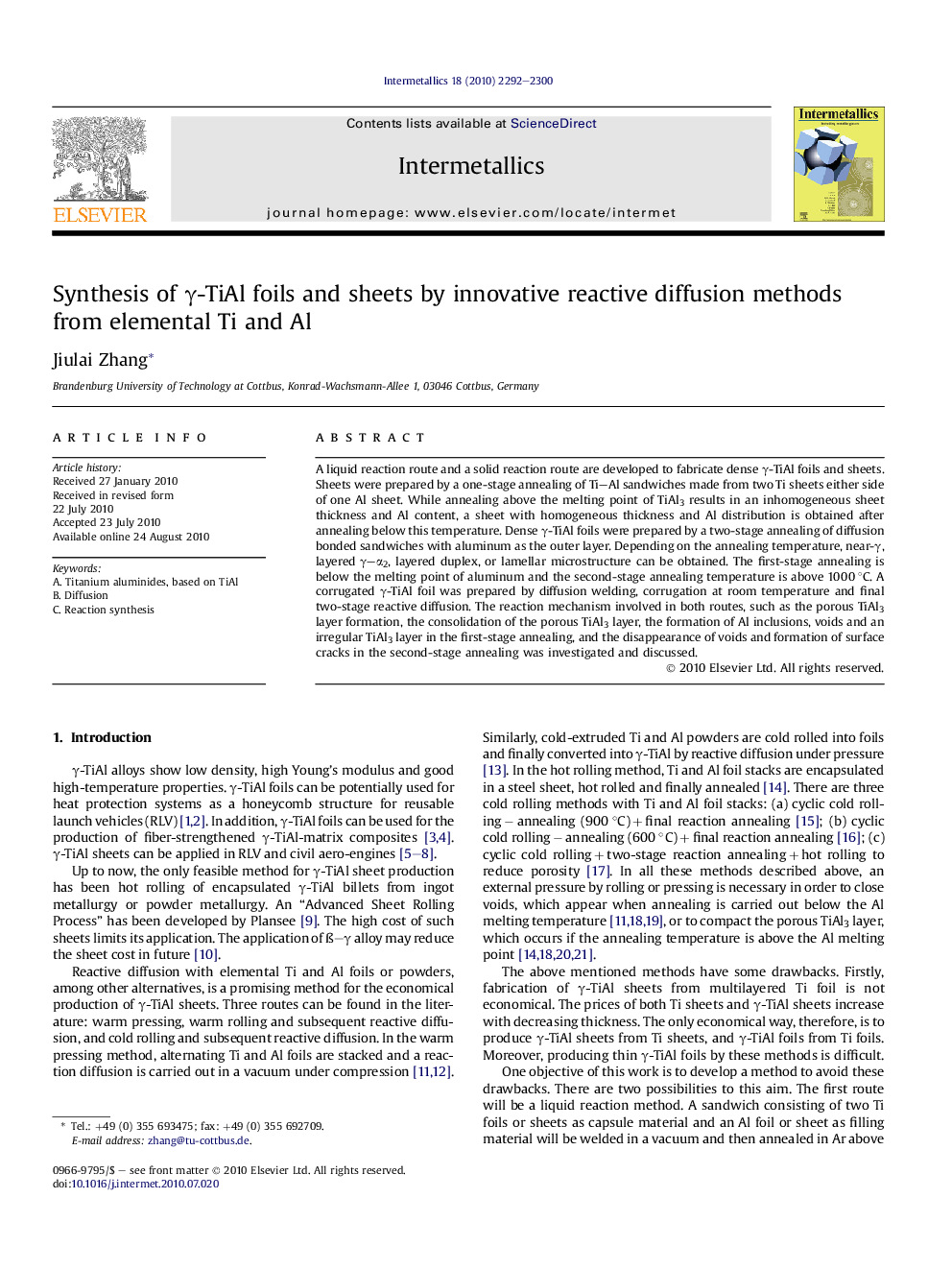 Synthesis of γ-TiAl foils and sheets by innovative reactive diffusion methods from elemental Ti and Al